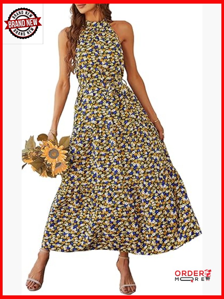 Women's Sleeveless Halter Neck Flowy Maxi Dress With Belt